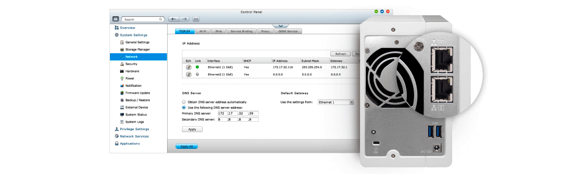 TS-231P: 2 duas portas LAN para maior comodidade